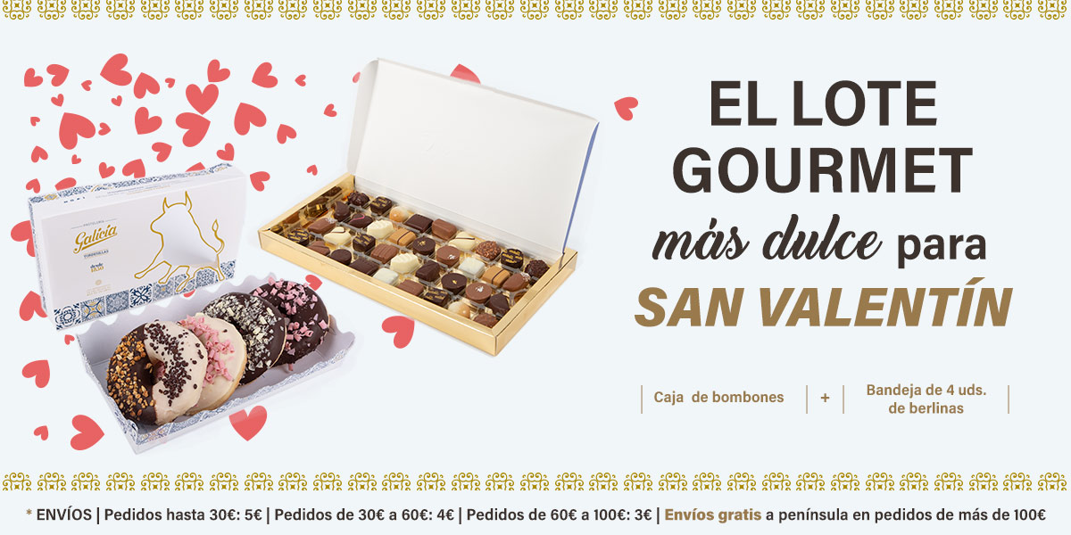 PopUp de aviso de disponibilidad de lote de dulces gourmet para San Valentín 2023, con bombones y berlinas de chocolate en tienda online